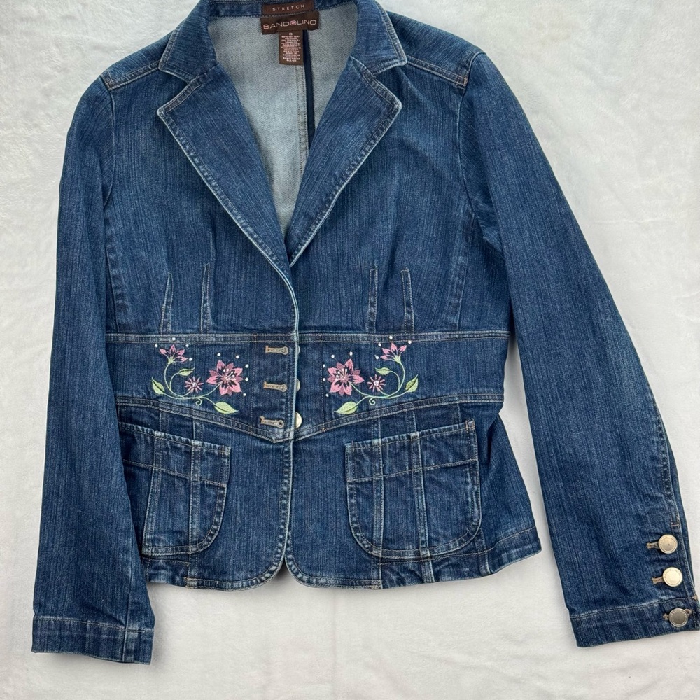 Bandolino Denim Jacket with Pink Floral Embroidery